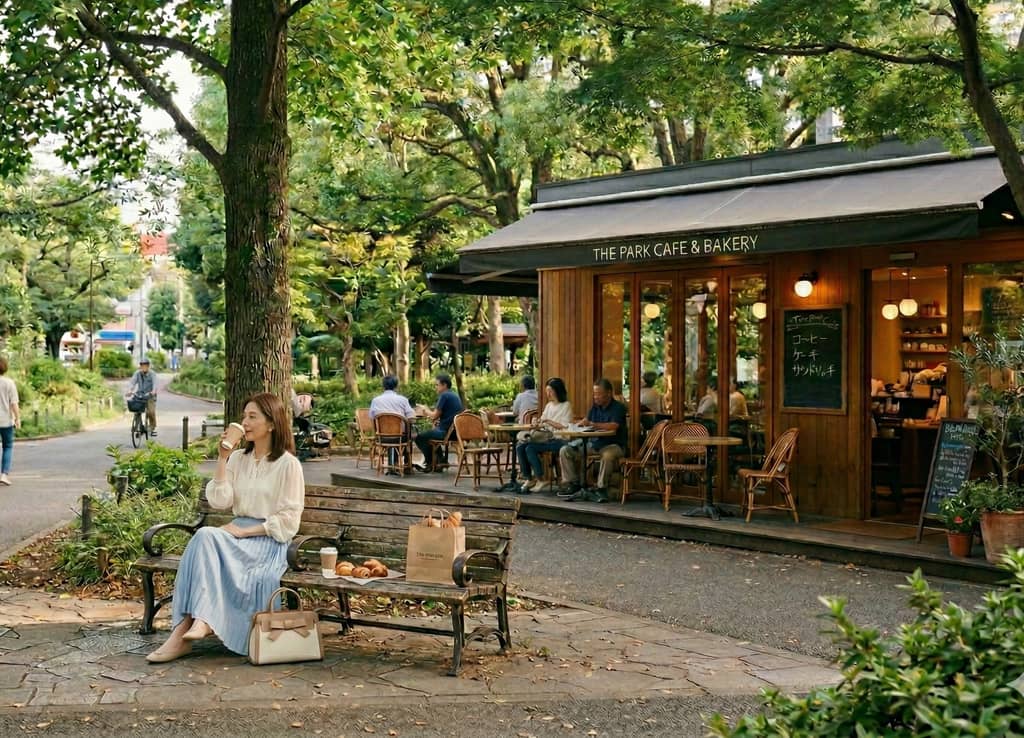 公園のベンチで休む人とカフェ